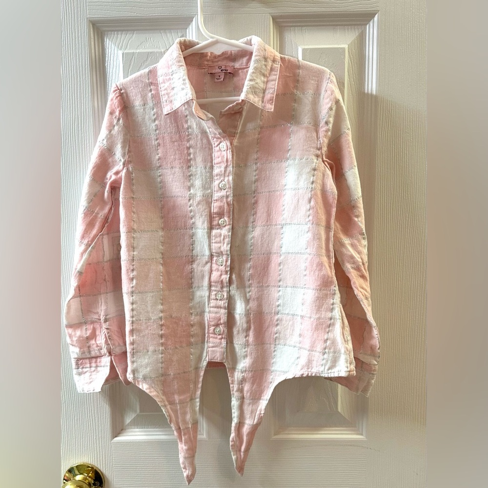 Pink plaid, long sleeve, button up tie shirt.